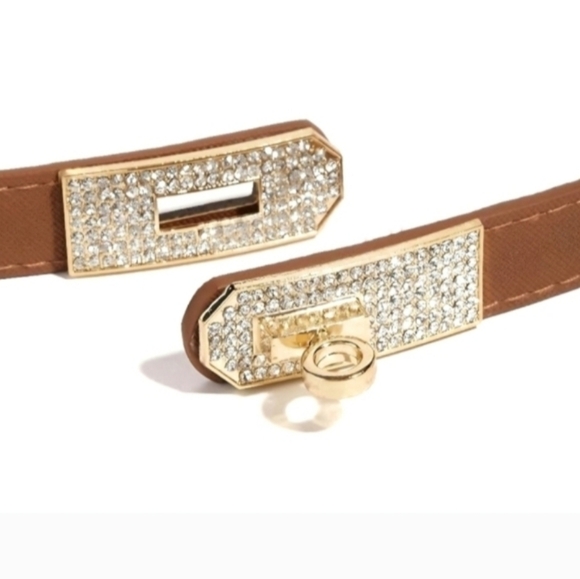 Inspired by Hermes Accessories - Turn Lock Rhinestone Detail Adjustable Brown Tan Skinny Belt Designer Inspired